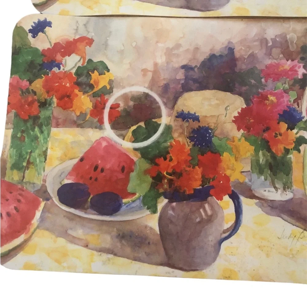 Four Vintage keller charles rectangular Placemats Watermelon Design; Flaw In One